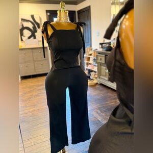 SHEIN Black Tie-Shoulder Wide-Leg Jumpsuit